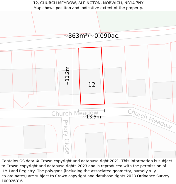 12, CHURCH MEADOW, ALPINGTON, NORWICH, NR14 7NY: Plot and title map