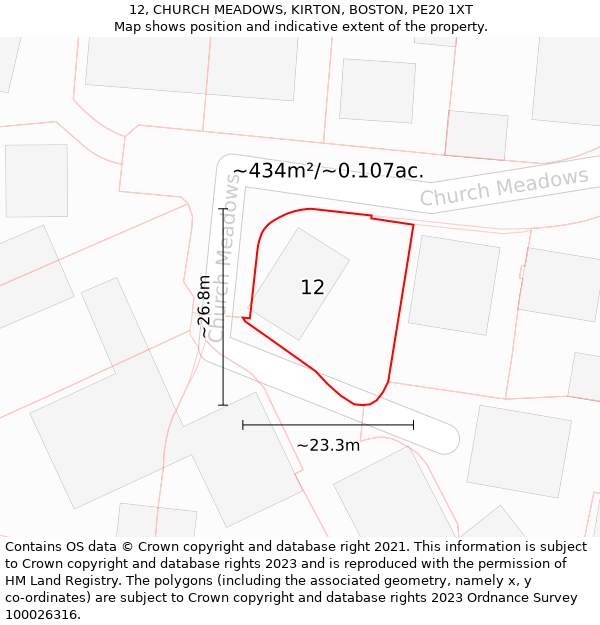 12, CHURCH MEADOWS, KIRTON, BOSTON, PE20 1XT: Plot and title map