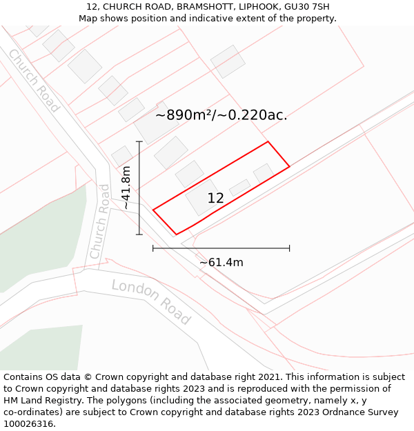 12, CHURCH ROAD, BRAMSHOTT, LIPHOOK, GU30 7SH: Plot and title map