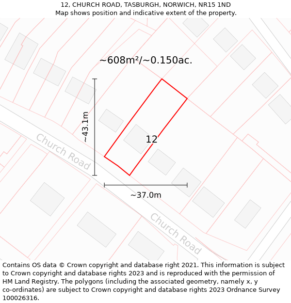 12, CHURCH ROAD, TASBURGH, NORWICH, NR15 1ND: Plot and title map