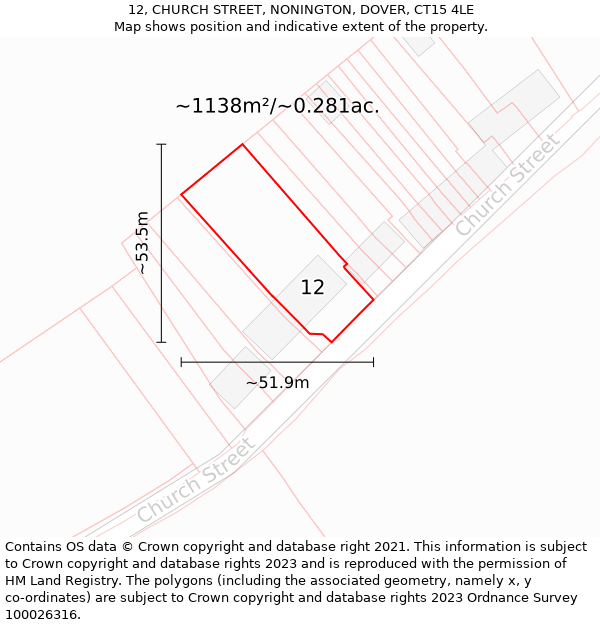 12, CHURCH STREET, NONINGTON, DOVER, CT15 4LE: Plot and title map