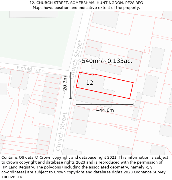 12, CHURCH STREET, SOMERSHAM, HUNTINGDON, PE28 3EG: Plot and title map