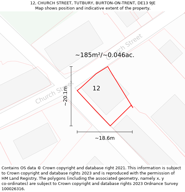 12, CHURCH STREET, TUTBURY, BURTON-ON-TRENT, DE13 9JE: Plot and title map