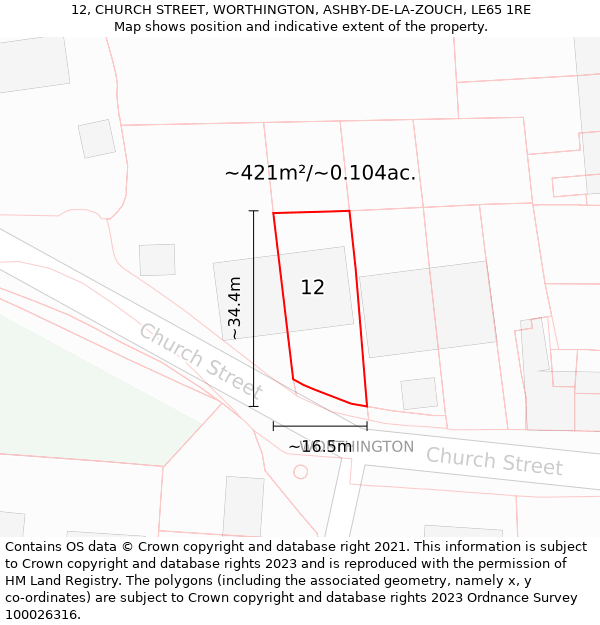 12, CHURCH STREET, WORTHINGTON, ASHBY-DE-LA-ZOUCH, LE65 1RE: Plot and title map