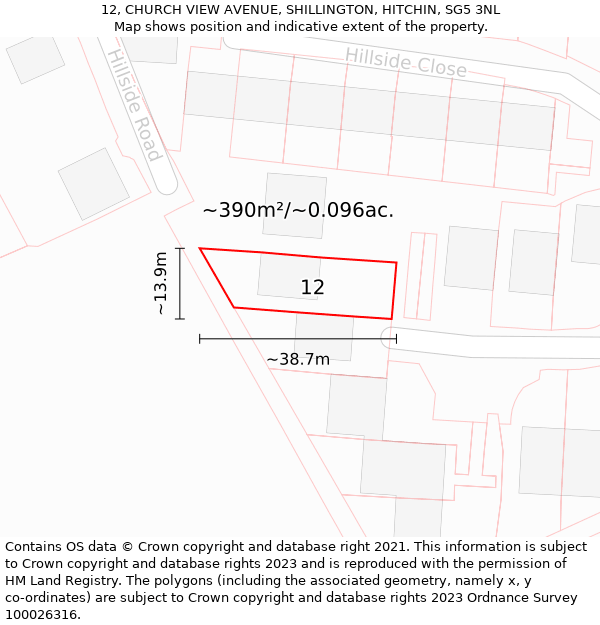 12, CHURCH VIEW AVENUE, SHILLINGTON, HITCHIN, SG5 3NL: Plot and title map