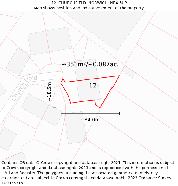 12, CHURCHFIELD, NORWICH, NR4 6UP: Plot and title map