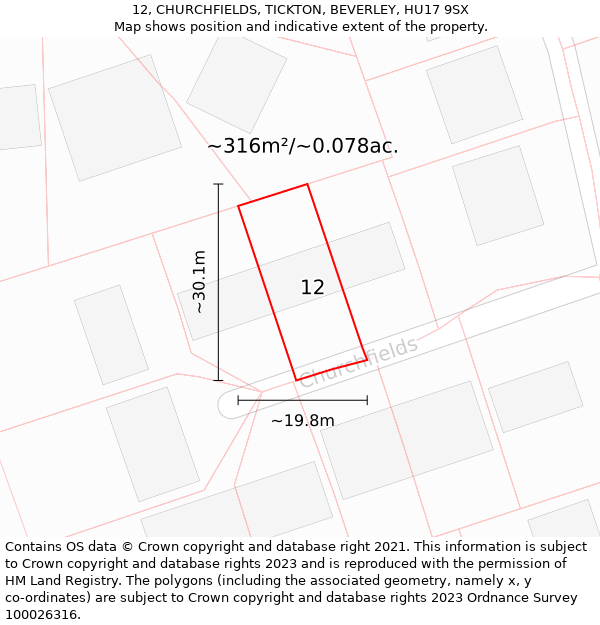 12, CHURCHFIELDS, TICKTON, BEVERLEY, HU17 9SX: Plot and title map