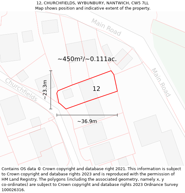 12, CHURCHFIELDS, WYBUNBURY, NANTWICH, CW5 7LL: Plot and title map