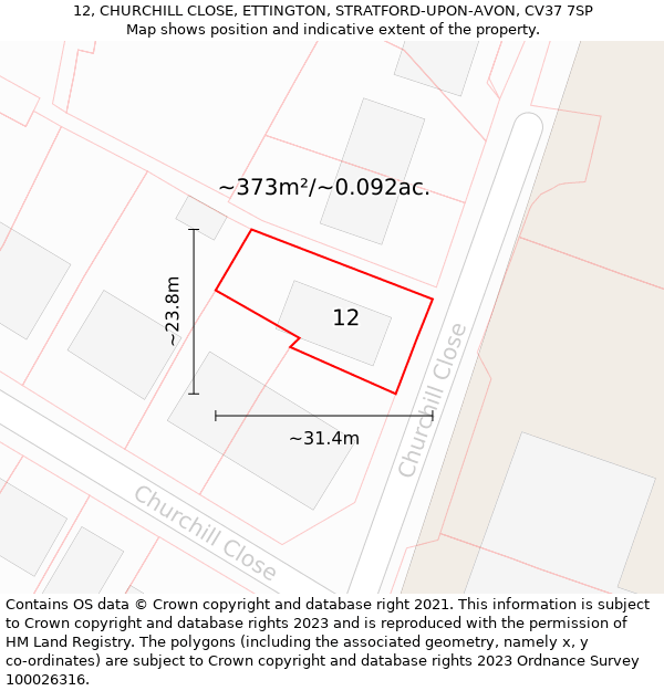 12, CHURCHILL CLOSE, ETTINGTON, STRATFORD-UPON-AVON, CV37 7SP: Plot and title map