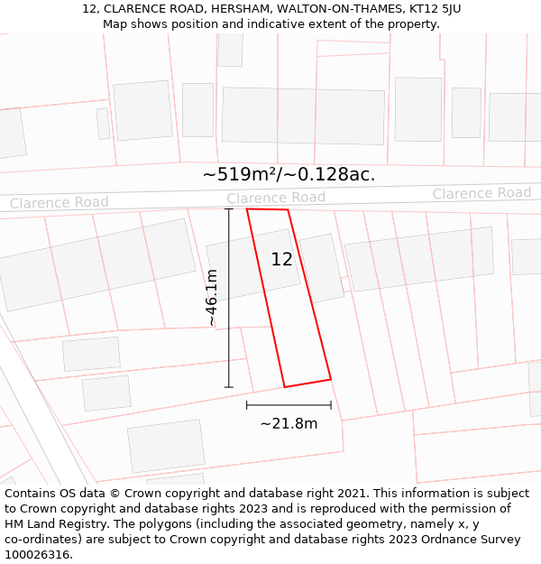 12, CLARENCE ROAD, HERSHAM, WALTON-ON-THAMES, KT12 5JU: Plot and title map