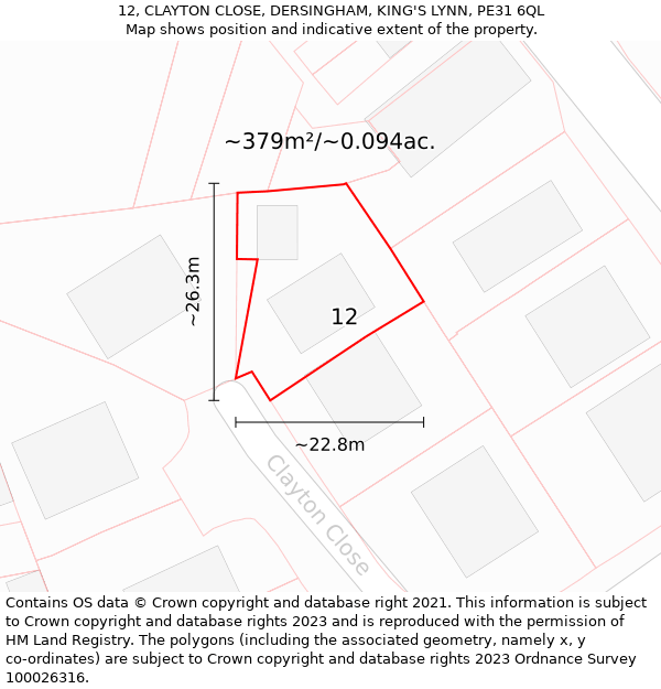 12, CLAYTON CLOSE, DERSINGHAM, KING'S LYNN, PE31 6QL: Plot and title map