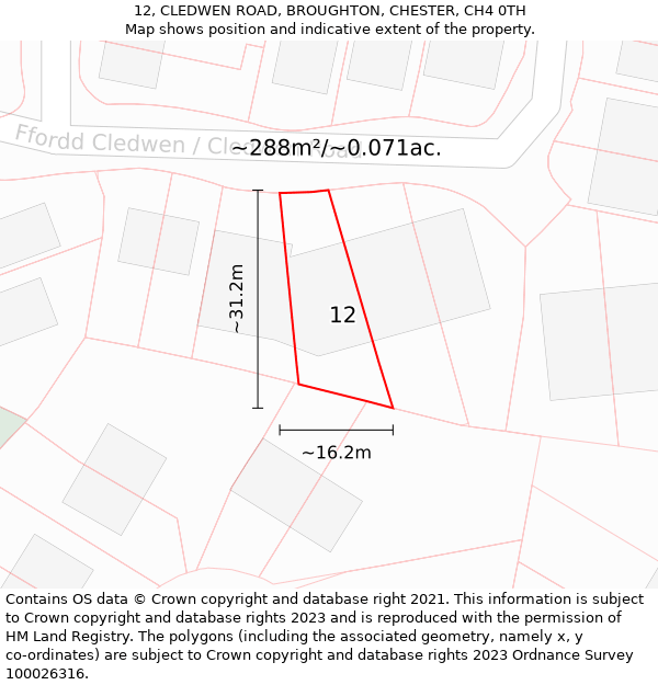 12, CLEDWEN ROAD, BROUGHTON, CHESTER, CH4 0TH: Plot and title map