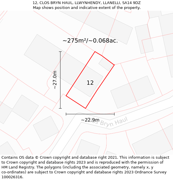 12, CLOS BRYN HAUL, LLWYNHENDY, LLANELLI, SA14 9DZ: Plot and title map