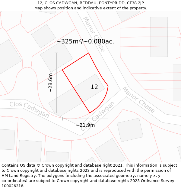 12, CLOS CADWGAN, BEDDAU, PONTYPRIDD, CF38 2JP: Plot and title map