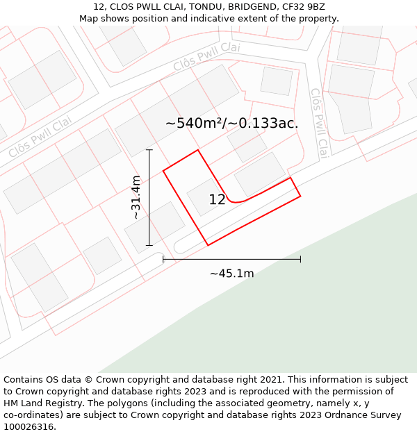 12, CLOS PWLL CLAI, TONDU, BRIDGEND, CF32 9BZ: Plot and title map