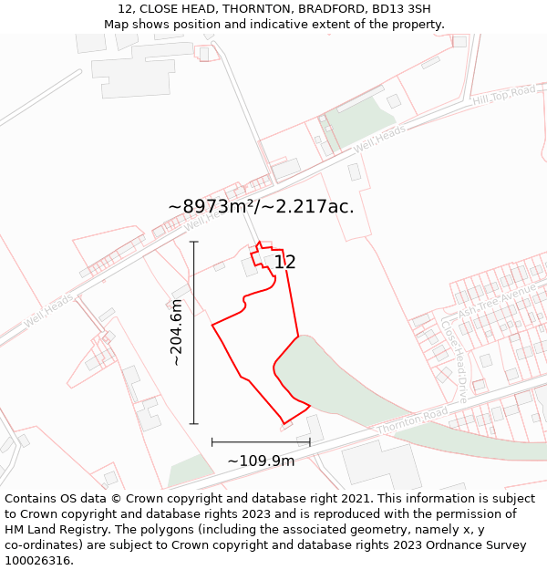 12, CLOSE HEAD, THORNTON, BRADFORD, BD13 3SH: Plot and title map