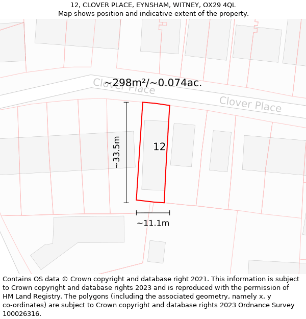 12, CLOVER PLACE, EYNSHAM, WITNEY, OX29 4QL: Plot and title map