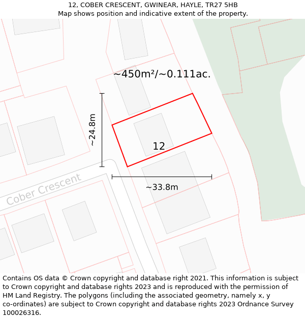 12, COBER CRESCENT, GWINEAR, HAYLE, TR27 5HB: Plot and title map