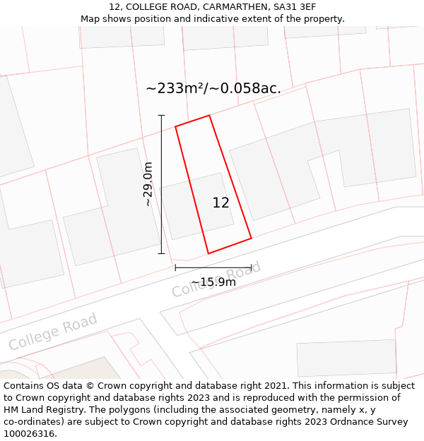 12, COLLEGE ROAD, CARMARTHEN, SA31 3EF: Plot and title map