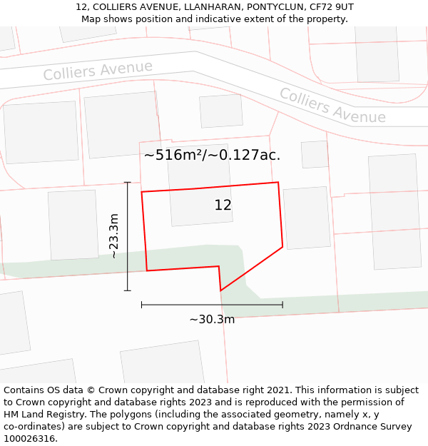 12, COLLIERS AVENUE, LLANHARAN, PONTYCLUN, CF72 9UT: Plot and title map