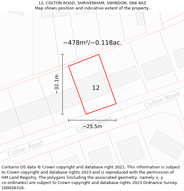 12, COLTON ROAD, SHRIVENHAM, SWINDON, SN6 8AZ: Plot and title map