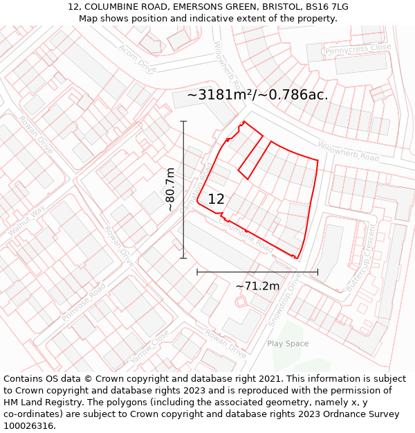 12, COLUMBINE ROAD, EMERSONS GREEN, BRISTOL, BS16 7LG: Plot and title map