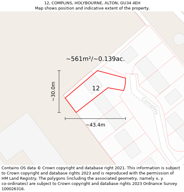 12, COMPLINS, HOLYBOURNE, ALTON, GU34 4EH: Plot and title map