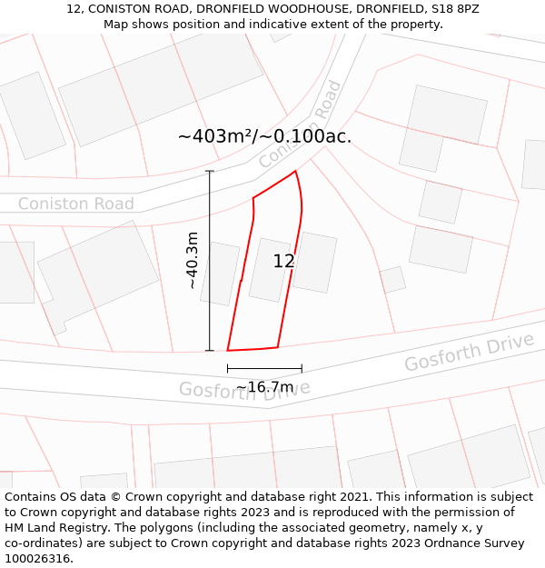 12, CONISTON ROAD, DRONFIELD WOODHOUSE, DRONFIELD, S18 8PZ: Plot and title map