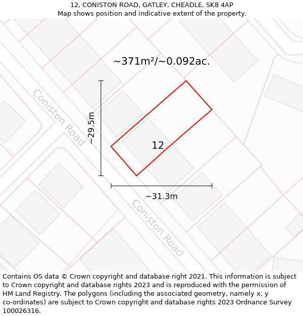 12, CONISTON ROAD, GATLEY, CHEADLE, SK8 4AP: Plot and title map