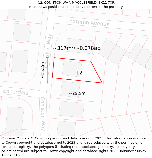 12, CONISTON WAY, MACCLESFIELD, SK11 7XR: Plot and title map