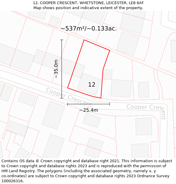 12, COOPER CRESCENT, WHETSTONE, LEICESTER, LE8 6AF: Plot and title map