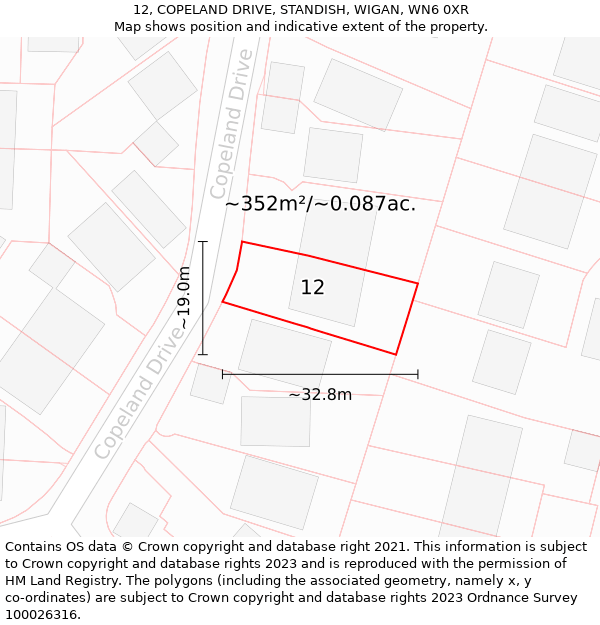 12, COPELAND DRIVE, STANDISH, WIGAN, WN6 0XR: Plot and title map