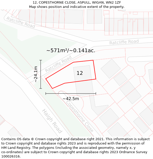 12, COPESTHORNE CLOSE, ASPULL, WIGAN, WN2 1ZF: Plot and title map