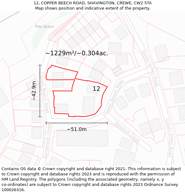 12, COPPER BEECH ROAD, SHAVINGTON, CREWE, CW2 5TA: Plot and title map