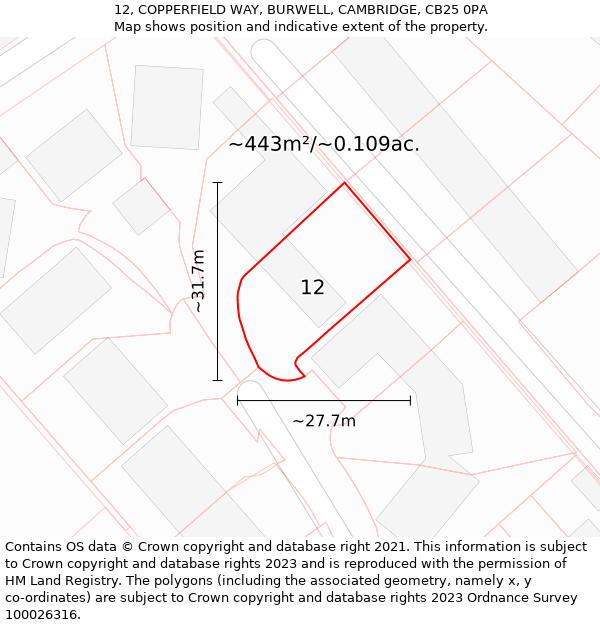 12, COPPERFIELD WAY, BURWELL, CAMBRIDGE, CB25 0PA: Plot and title map