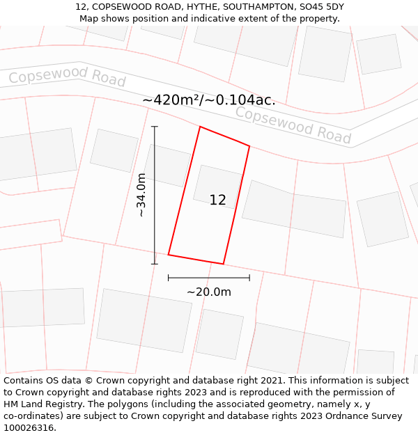 12, COPSEWOOD ROAD, HYTHE, SOUTHAMPTON, SO45 5DY: Plot and title map