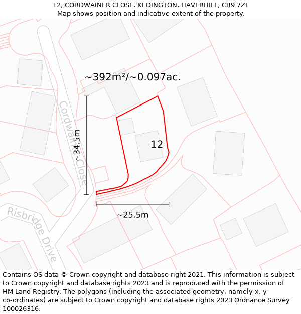 12, CORDWAINER CLOSE, KEDINGTON, HAVERHILL, CB9 7ZF: Plot and title map