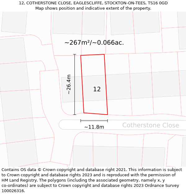 12, COTHERSTONE CLOSE, EAGLESCLIFFE, STOCKTON-ON-TEES, TS16 0GD: Plot and title map