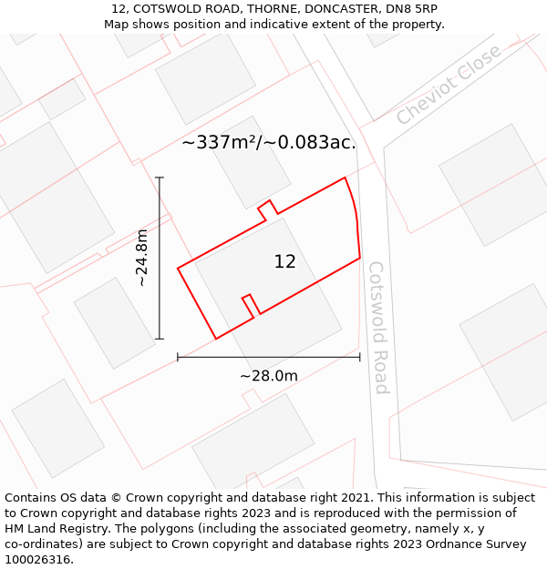 12, COTSWOLD ROAD, THORNE, DONCASTER, DN8 5RP: Plot and title map