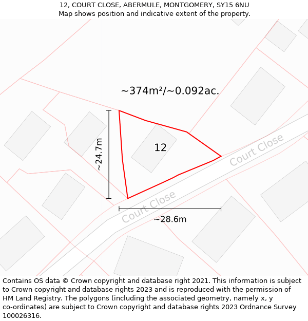 12, COURT CLOSE, ABERMULE, MONTGOMERY, SY15 6NU: Plot and title map