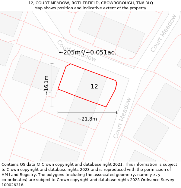 12, COURT MEADOW, ROTHERFIELD, CROWBOROUGH, TN6 3LQ: Plot and title map