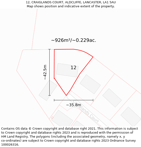 12, CRAIGLANDS COURT, ALDCLIFFE, LANCASTER, LA1 5AU: Plot and title map