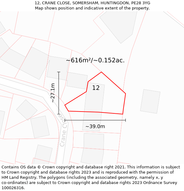 12, CRANE CLOSE, SOMERSHAM, HUNTINGDON, PE28 3YG: Plot and title map