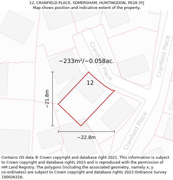 12, CRANFIELD PLACE, SOMERSHAM, HUNTINGDON, PE28 3YJ: Plot and title map