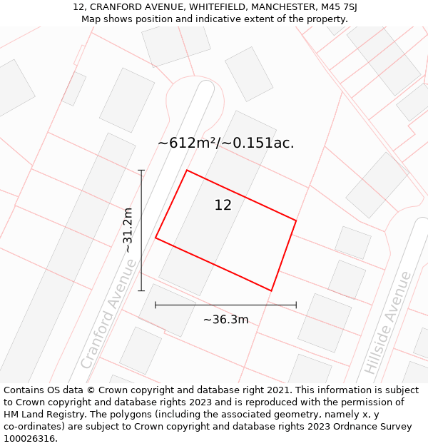 12, CRANFORD AVENUE, WHITEFIELD, MANCHESTER, M45 7SJ: Plot and title map