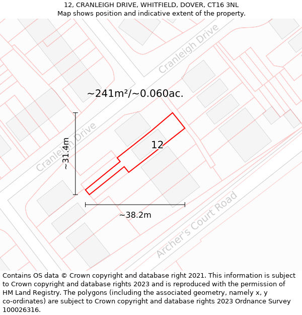 12, CRANLEIGH DRIVE, WHITFIELD, DOVER, CT16 3NL: Plot and title map