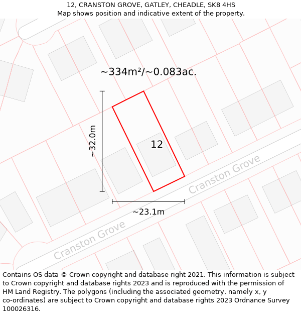 12, CRANSTON GROVE, GATLEY, CHEADLE, SK8 4HS: Plot and title map