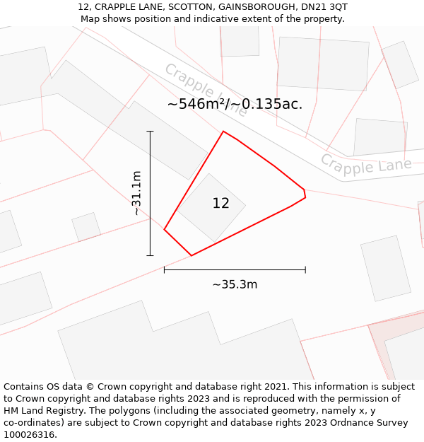 12, CRAPPLE LANE, SCOTTON, GAINSBOROUGH, DN21 3QT: Plot and title map