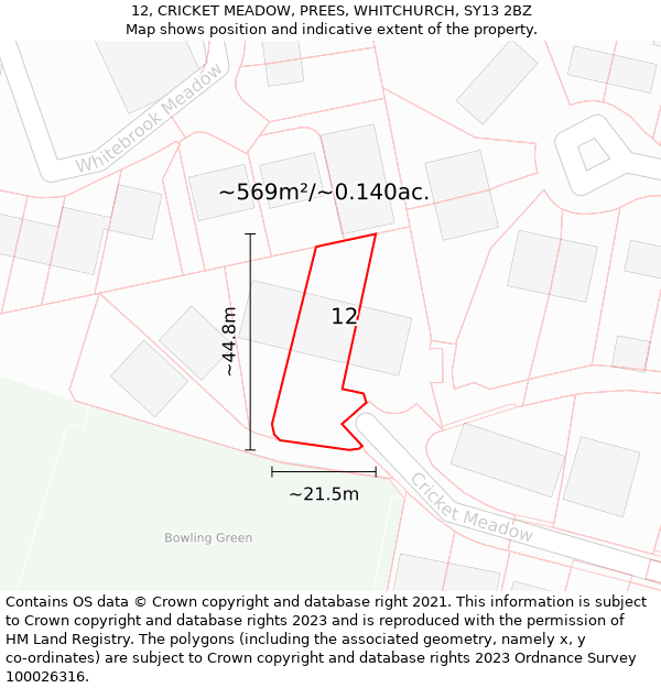 12, CRICKET MEADOW, PREES, WHITCHURCH, SY13 2BZ: Plot and title map