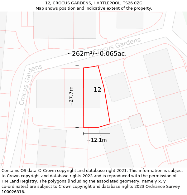 12, CROCUS GARDENS, HARTLEPOOL, TS26 0ZG: Plot and title map